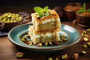 Close-up of delicious pistachio baklava with traditional Middle Eastern flavors. Generative AI