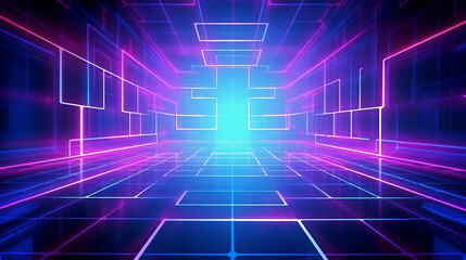 Neon glow cyan blue and purple perspective grid tunnel, cyberspace, digital techonology and VR concept, retro future abstract background.
