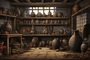 Illustration of a vintage pottery workshop with aged pots, jars, and equipment. Generative AI - obrazy, fototapety, plakaty