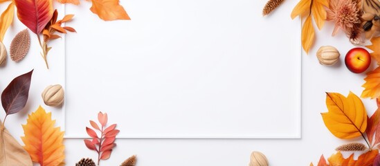 Autumn themed photo frame with flowers and leaves on a white background representing the concept of fall and Thanksgiving - obrazy, fototapety, plakaty