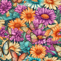 Daisies and butterflies dancing in a whimsical seamless pattern, AI Generated