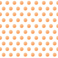 Seamless pattern of orange watercolor polka dots on a white background