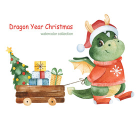 Watercolor winter illustration. Cute cartoon dragon with Christmas tree and gift boxes. Symbol of the year 2024.Perfect for invitation,baby shower,print,textile,holiday,Christmas party,greeting.