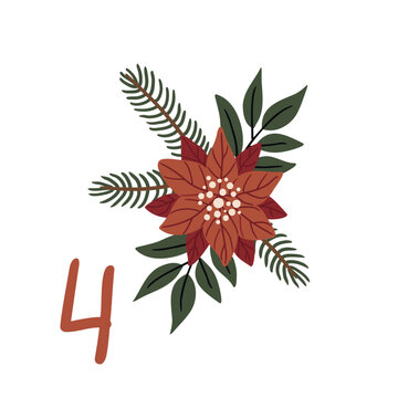 Christmas illustration with poinsettia flower and numbers for advent calendar