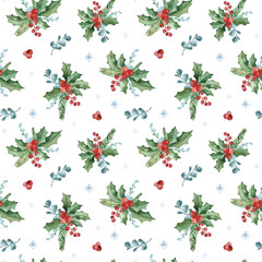 Watercolor Merry Christmas seamless background with branches,leaves and berries.Perfect for invitation,wallpaper,print,textile,holiday,Christmas packaging etc