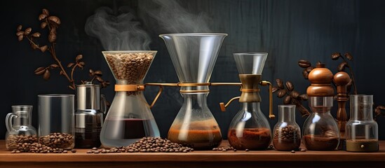 Coffee displayed on clear podium with glassware in front of brown background