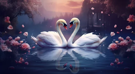 Fotobehang swans on the lake in sunset © Ullah