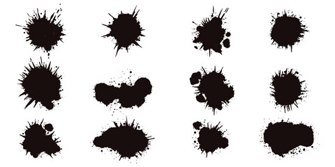 Black splash collection. Ink stain. Spray paint the shape with stain. Set of spray paint elements. black ink splash lines and drops. Paint brush, stroke vector set. Spray paint the shape with stain. - obrazy, fototapety, plakaty