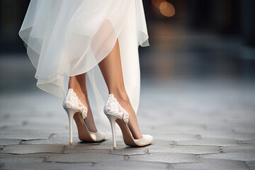 woman in luxury shoes and wedding dress close up - obrazy, fototapety, plakaty
