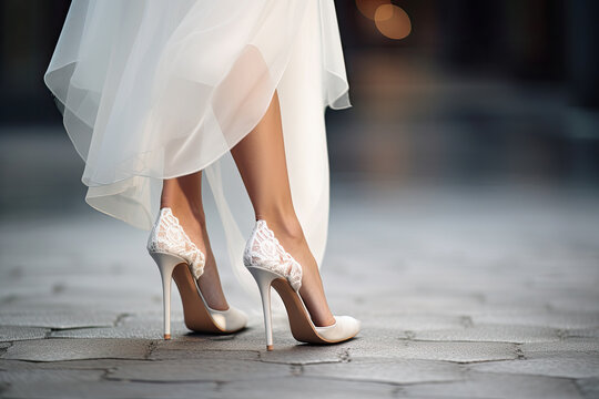 woman in luxury shoes and wedding dress close up