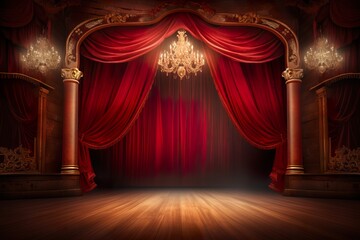 Theater stage with red curtains and spotlights