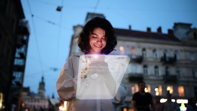 Beautiful Smiling Woman Using Phone on a City Street at Night. Visualization of Social Media, Chatting, Texting, Messaging App Icons. Social Networking Service