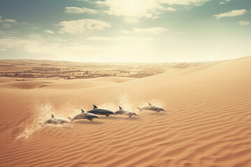 Fototapeta na wymiar Dolphins jumping and swimming in the sand dunes of desert, Generative AI