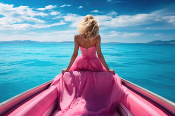 beautiful young woman in pink dress sit in a boat luxury summer vacation outdoor adventure