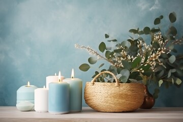 Burning candles, basket and vase with eucalyptus against blue background, space for text. generative ai.