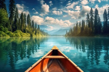 kayak adventure lonely boat on peaceful lake in summer landscape - Powered by Adobe