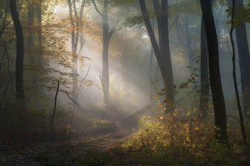 Mist veils serene woods under morning light, forming a dreamlike scene. Generative AI