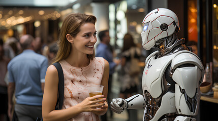Fototapeta na wymiar Young woman holding cup of coffee and looking at robot in shopping mall
