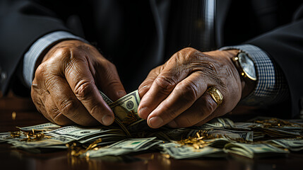 Hands of a senior man counting dollar bills on a table.