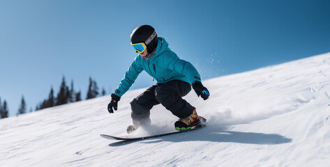 Fototapeta na wymiar kid snowboard tail turn slide position photo style hd wallpaper