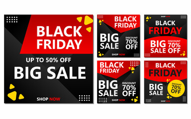 a set of black friday banners with red and black geometric shapes.