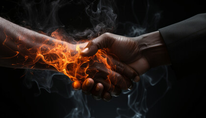 Fiery handshake with a man, greeting of two men, close-up of fiery hands, mutual agreement in politics and business. Made in AI - obrazy, fototapety, plakaty