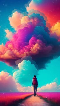 The silhouette of a person walking impermeable, against the background of colorful clouds, Seamless Animation Video Background in 4K Resolution	