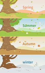 This picture shows the four seasons. The environment around a big tree changes noticeably with the seasons, with leaves falling like snowflakes, representing summer, autumn, winter, and spring.