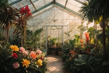 Fototapeta na wymiar Tropical garden in a greenhouse with flowers and plants in pots