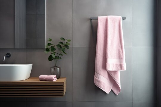hanging pink towel in modern bathroom with grey tiles