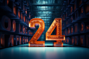 3D Style futuristic 24 digital numbers design, New Year 2024 greetings created with generative ai - obrazy, fototapety, plakaty