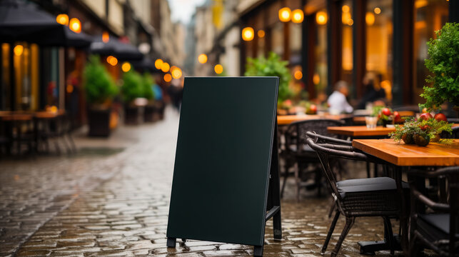 Empty blackboard sign mockup in front of a restaurant , Menu board with a street cafe or restaurant