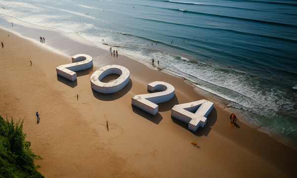Happy new year concept 2024 3d text written on the beach sand created with generative ai