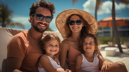 Fototapeta premium Portrait of happy family with two kids on summer vacation sitting on sunbed