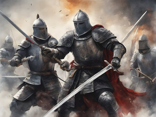 Naklejka premium Epic battlefield. two medieval knights in armor fighting with swords. army of the dark ages. war, fighting. generative AI