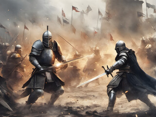 Fototapeta premium Epic battlefield. two medieval knights in armor fighting with swords. army of the dark ages. war, fighting. generative AI