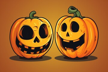 Halloween pumpkin heads jack laughing each other. Cartoon comic illustration