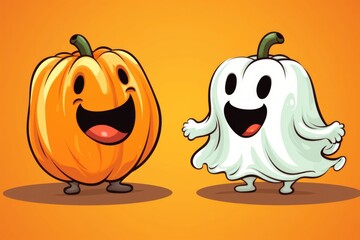 Halloween pumpkin head jack and ghost laughing. Cartoon style comic illustration