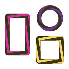 Frames, border Set. Swirl effect illusion, doodle line strokes, bright 80s - 90s colours. Circle wreath, square, rectangle geometric shapes. Empty frame for text space