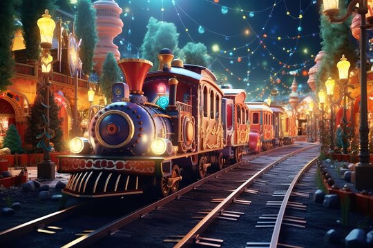 Amusement park train at night