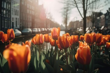 blooming dutch tulips on background of Amsterdam kanal, sunny light day, generative ai - obrazy, fototapety, plakaty