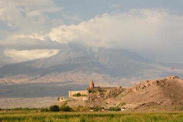 View of Khor Virap monastery and mount Ararat. Ararat province. Armenia
