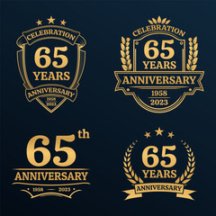 65 years anniversary icon or logo set. Vintage birthday banner design. 65th anniversary jubilee celebration golden badge or label collection. Vector illustration.