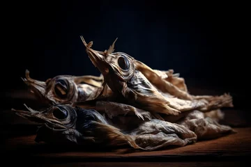Fotobehang dried fish stockfish dark background, copy space, generative ai © pawczar