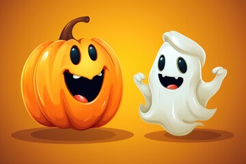 Halloween pumpkin head jack and ghost laughing. Cartoon style comic illustration