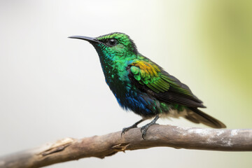 Fototapeta premium Image of horned sungem on a tree branch. Birds. Wildlife Animals. Illustration, Generative AI.