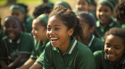 Portrait of smiling African American girl with classmates dressed in sports uniform - obrazy, fototapety, plakaty