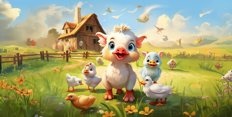 Obraz na płótnie Canvas landscape with cows, cute baby farm animals cow duck goose chicken hd wallpaper
