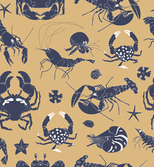 Seamless vector pattern with animals under water. Crab, shrimp, lobster, crayfish on beige background. Hand drawing sketch illustration for kitchen cover, fabric, wallpaper or wrapping paper