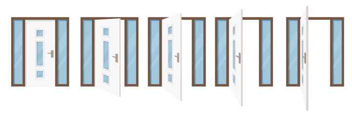 Open and closed door collection. Entrance and exit doors with handles and frames. Entry, exit in doorframe. Flat vector illustration isolated on white background